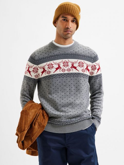 Selected Homme Newdeer Christmas Knit Medium Grey Melange