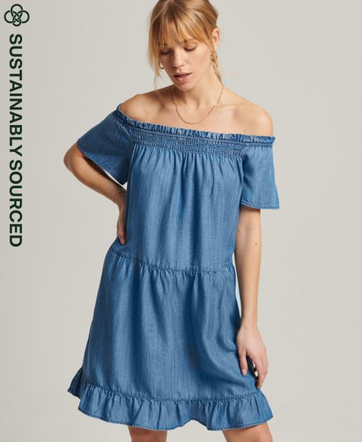 Superdry Vintage Off Shoulder Dress Mid Wash