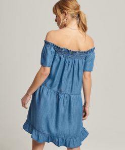 Superdry Vintage Off Shoulder Dress Mid Wash