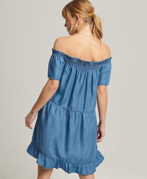 Superdry Vintage Off Shoulder Dress Mid Wash