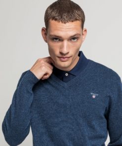 Gant Superfine Lambswool V-Neck Jumper Dark Navy Melange