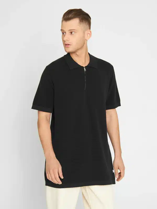 Buy Knowledge Cotton Apparel Polo With Zipper In Reverse Knit Black Jet Scandinavian Fashion Store