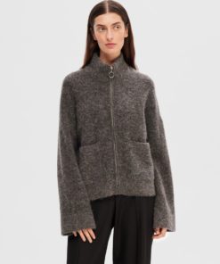 Selected Femme Sia Ras Knit Zipper Cardigan Medium Grey Melange
