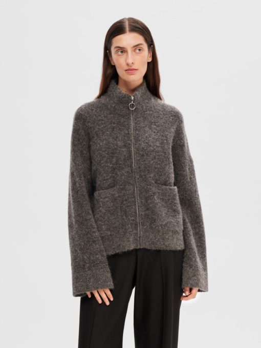 Selected Femme Sia Ras Knit Zipper Cardigan Medium Grey Melange