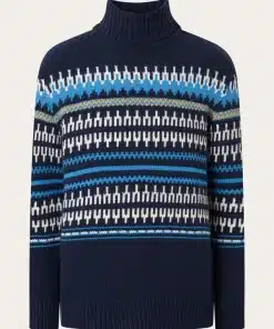 Knowledge Cotton Apparel Knitted Pattern Roll Neck Blue Stripe