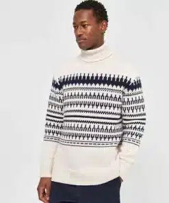 Knowledge Cotton Apparel Knitted Pattern Roll Neck Beige Stripe