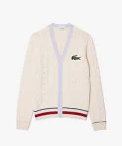 Lacoste Unisex V-Neck Cable Knit Cardigan White/Light Blue/Bordeaux