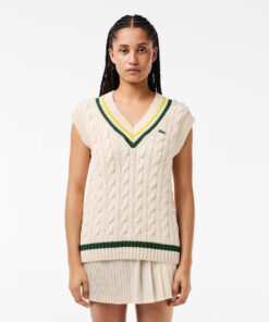 Lacoste Cable Knit Contrast Trim V-Neck Sweater Vest White/Green/Yellow