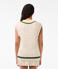 Lacoste Cable Knit Contrast Trim V-Neck Sweater Vest White/Green/Yellow