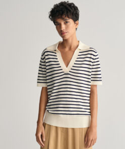 Gant Woman Fine Knit Striped SS Rugger Shirt Cream
