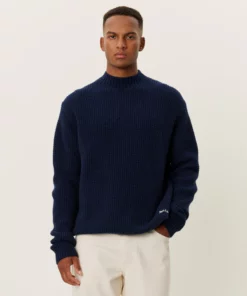 Les Deux Grady Waffle Mockneck Knit Dark Navy