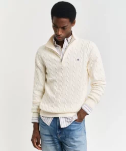 Gant Cotton Cable Half Zip Jumper Cream