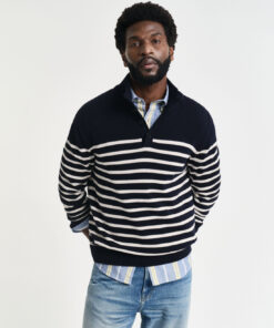 Gant Striped Cotton Half Buttoned Neck Evening Blue