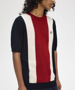 Fred Perry Vertical Stripe Knitted T-Shirt Navy/Burnt Red/ Ecru