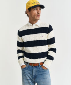 Gant Striped Cotton Cable C-Neck Evening Blue