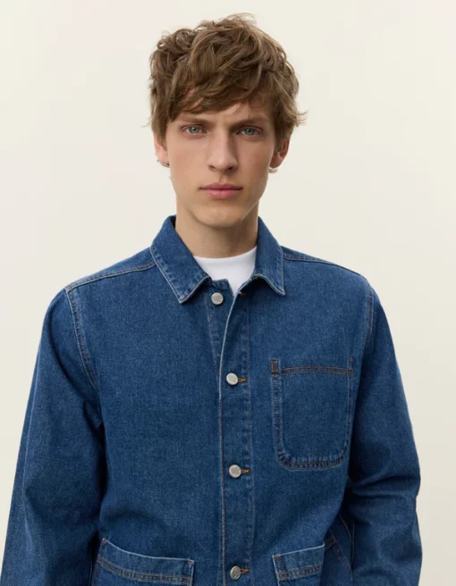 Les Deux Layton Washed Denim Overshirt Medium Indigo Wash