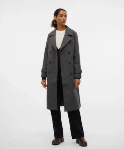 Vmfortunevega Long Trenchcoat Dark Grey Melange