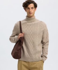 Slhneil Relaxed Cable Roll Neck Oatmeal