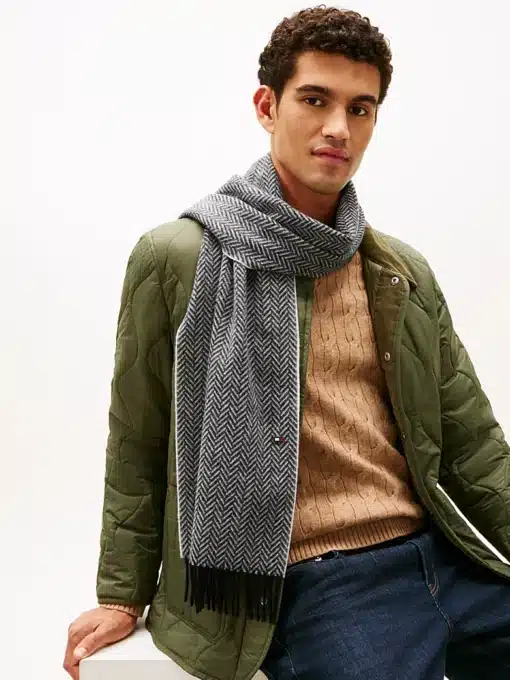 Tommy Hilfiger Pure Wool Herringbone Fringed Scarf Grey Herringbone